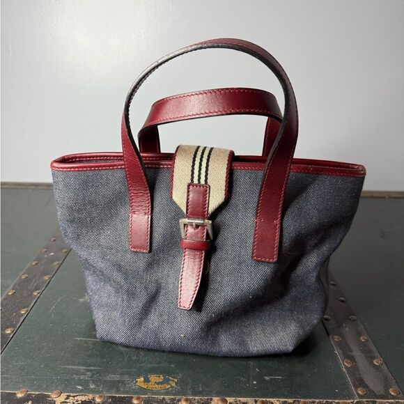 Burberry tote denim and burgundy - Picture 1 of 7